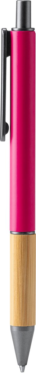 10 Metalenpennen in matte afwerking Roze met bamboe grip en donkere kleurdetails. Blauwe inkt. Model Penta