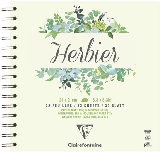 Clairefontaine "Herbier" ringband schrift, 21x21cm, met botanisch groen omslagontwerp en teksten "Herbier", "32 FEUILLES / 32 SHEETS".