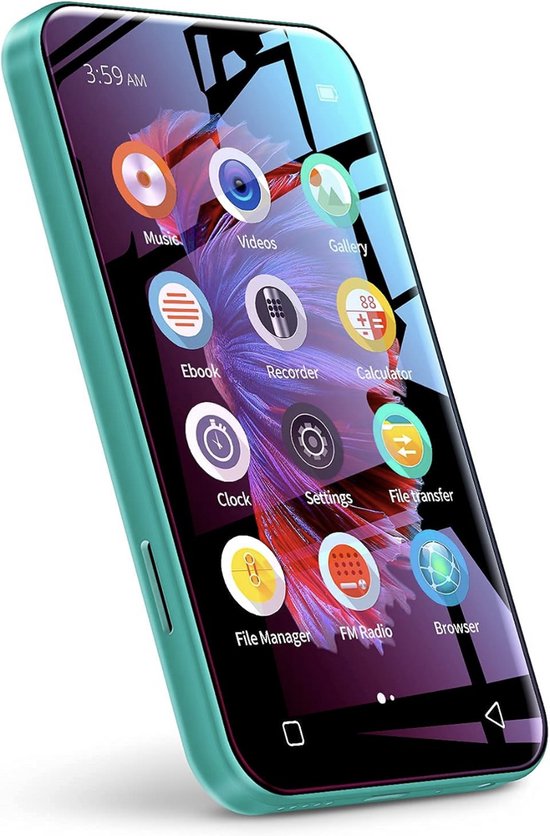 Groene mp3-speler met een kleurrijk display met app-icoontjes, weergave van de tijd 3:59 AM.