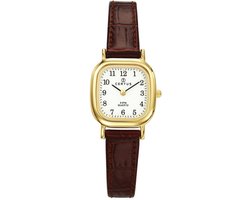Certus-dameshorloge-model 646523-goudkleurig-vierkant-bruin lederen band-duidelijke wijzerplaat-5 atm waterdicht-afmeting 23 x 23 mm
