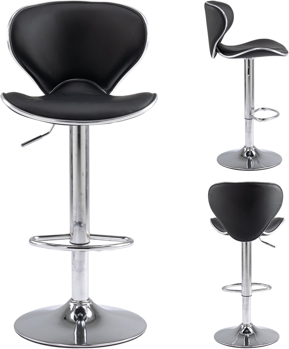 Seven Comfort Barkruk - Barstoel - Met rugleuning en voetensteun - Ergonomisch - Verstelbaar - 360°Draaibaar - Keukenstoel - Zithoogte 61-81cm - Zwart