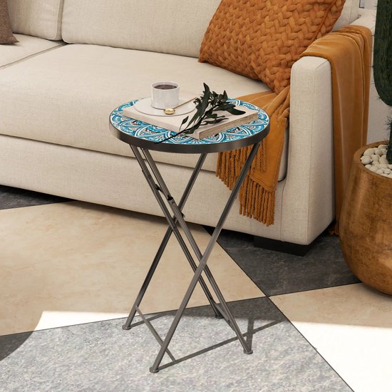 Pugsdrly Mozaïek tuintafel, opvouwbare ronde terrastafel met metalen frame en Pugsdrly Mozaïek tuintafel, opvouwbare ronde terrastafel met metalen frame en