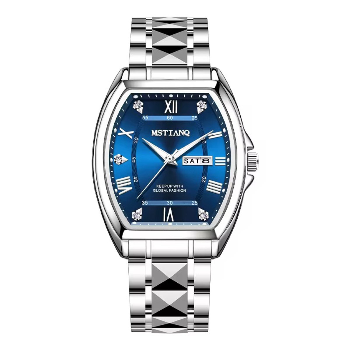 Selevie Horologe Geneva - Zilverkleurige schakelband met donkerblauwe wijzerplaat - herenhorloge - luxe en comfort - rechthoekige wijzerplaat