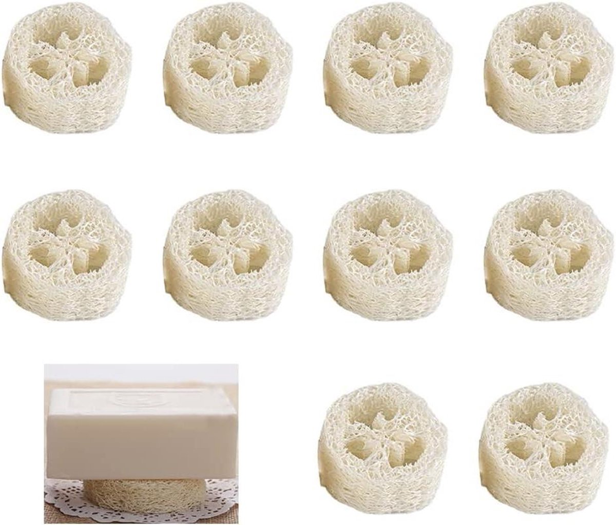 Luffa-spons zeepkussen - 10 stuks - Zeepbeschermers voor zeepbakje - Accessoires voor douche, bad, keuken en werkbladen - Zeephouder van 100% Luffa - Natuurlijke materialen - Duurzaam en milieuvriendelijk