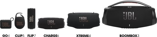 Overzicht van verschillende zwarte JBL speakers, van klein naar groot.