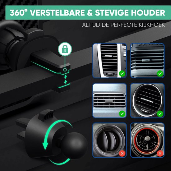 Demonstratie van de 360 graden verstelbare en stevige telefoonhouder voor auto ventilatie. Verschillende ventilatie roosters getoond.