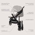 Grijze buggy met waterdichte XXL-kap, verstelbare 5-puntsgordels, schouderdraagriem en automatisch vouwen.
