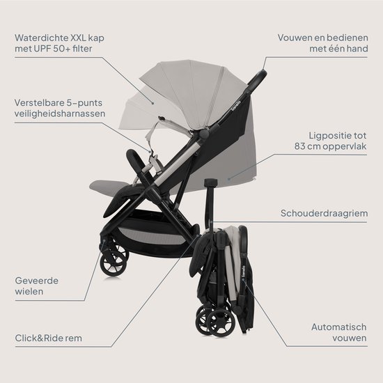 Grijze buggy met waterdichte XXL-kap, verstelbare 5-puntsgordels, schouderdraagriem en automatisch vouwen.