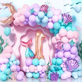 Allecto Plus - Zeemeermin 1e verjaardag decoratie set - 125-delige ballonslinger kit in pastelkleuren - inclusief nummer 1 folie ballon - Voor meisjes prinsesfeest met zeemeermin thema.