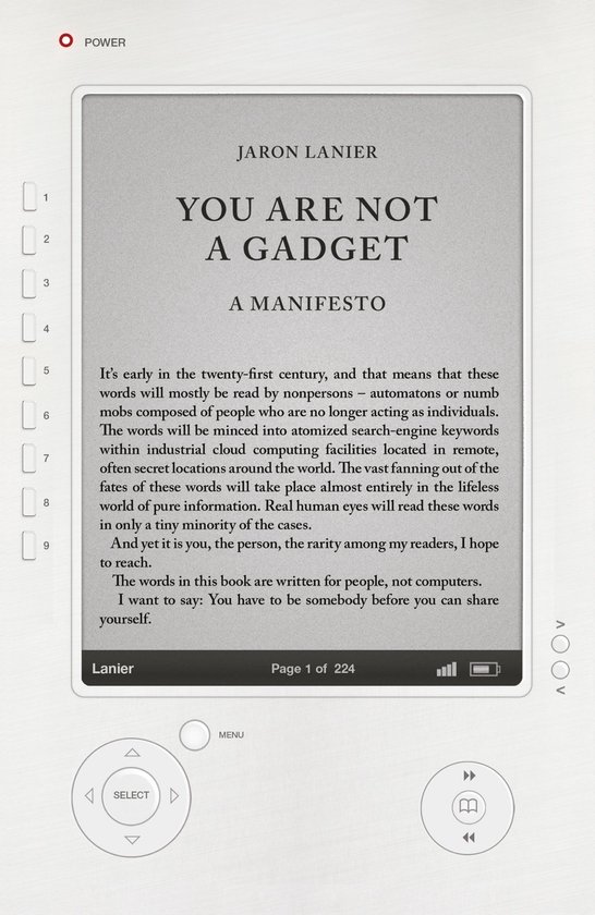 E-reader met de titel 'YOU ARE NOT A GADGET A MANIFESTO' van Jaron Lanier.