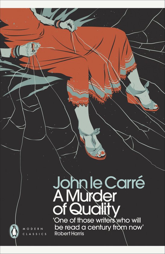 Couverture du livre 'A Murder of Quality' de John le Carré, avec une illustration d'une personne en robe orange.