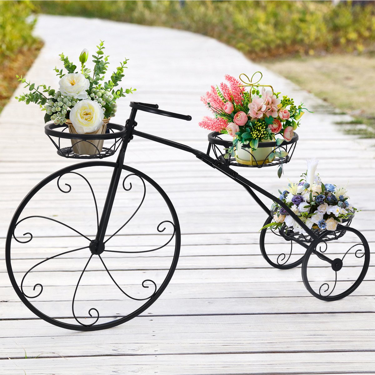 unho plantenrek metaal - fiets design - bloemenrek met 3 manden - bloemenrek met decoratieve wielen - bloemenwiel plantenrek retro - voor terras - tuin - balkon