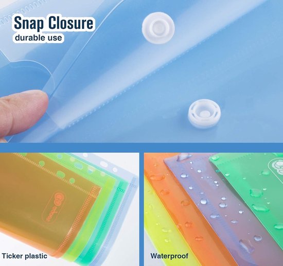 Plastic portefeuilles A4 geperforeerde zakken, 11 gaten uitbreidbare mappen voor 2/3/4 ringdocumentenzakje met drukknoop en label losbladig transparant voor kantoor, school, thuis (28 stuks-top open