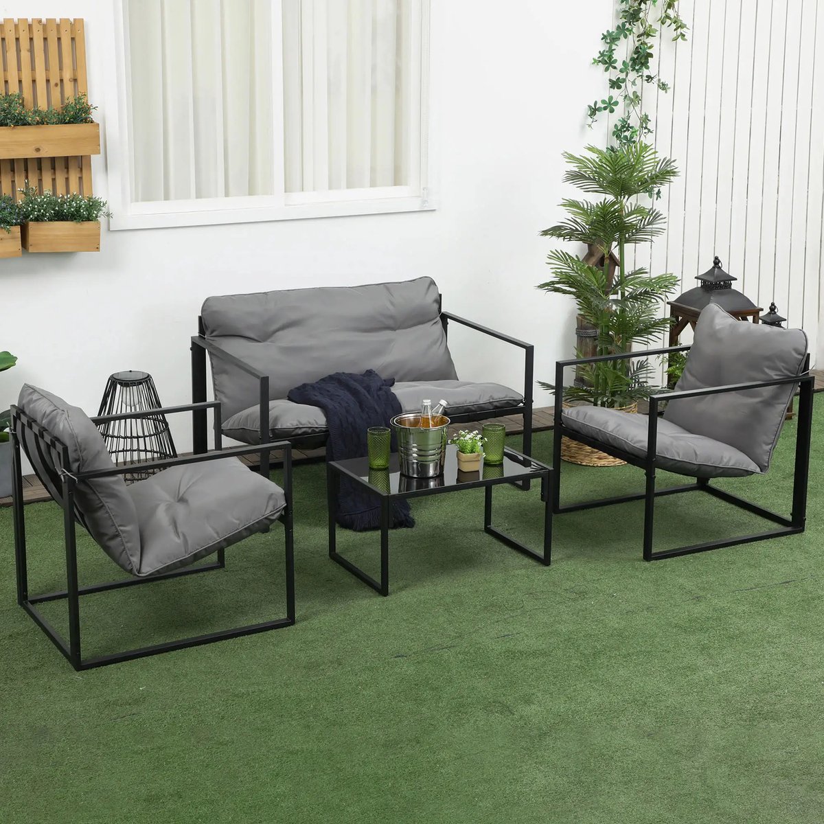 Pugsdrly Tuinmeubelset, 1 glazen tafel, 2 fauteuils. 1 bank, weerbestendig, 114 cm x 70 cm x 67 cm, grijs+zwart