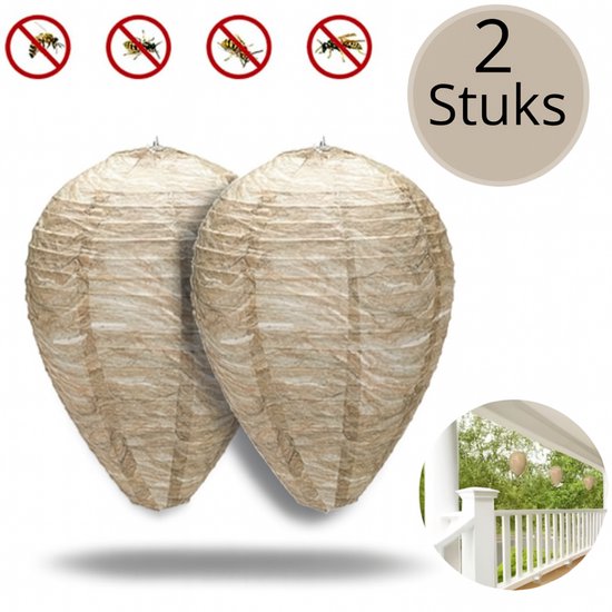 Twee wespennest imitaties met vier pictogrammen van wespen en de tekst '2 Stuks', getoond op een witte achtergrond.