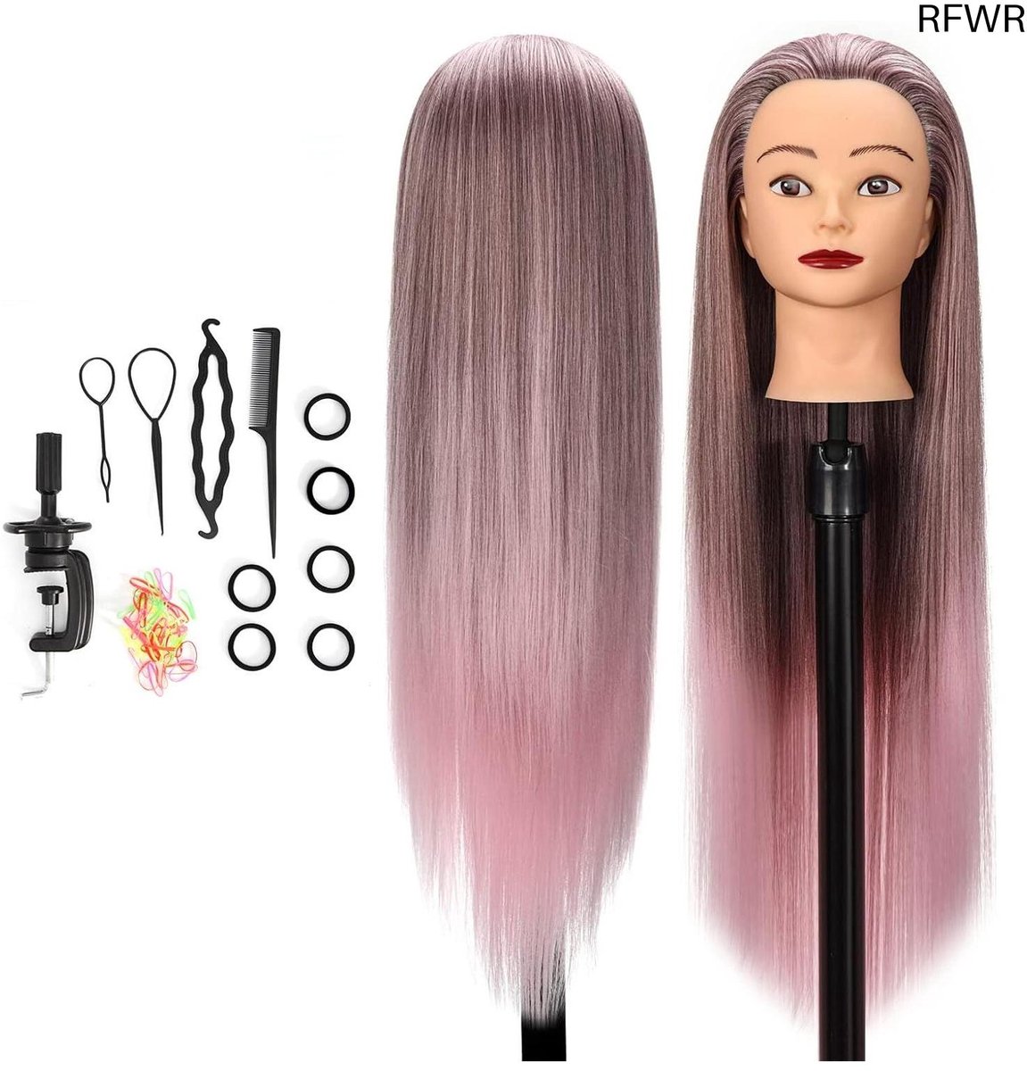RFWR® Kappersopleiding Mannequin Hoofd met Haaraccessoires - Cosmetologie Poppenhoofd (26-28 Inch, Gradient Roze)