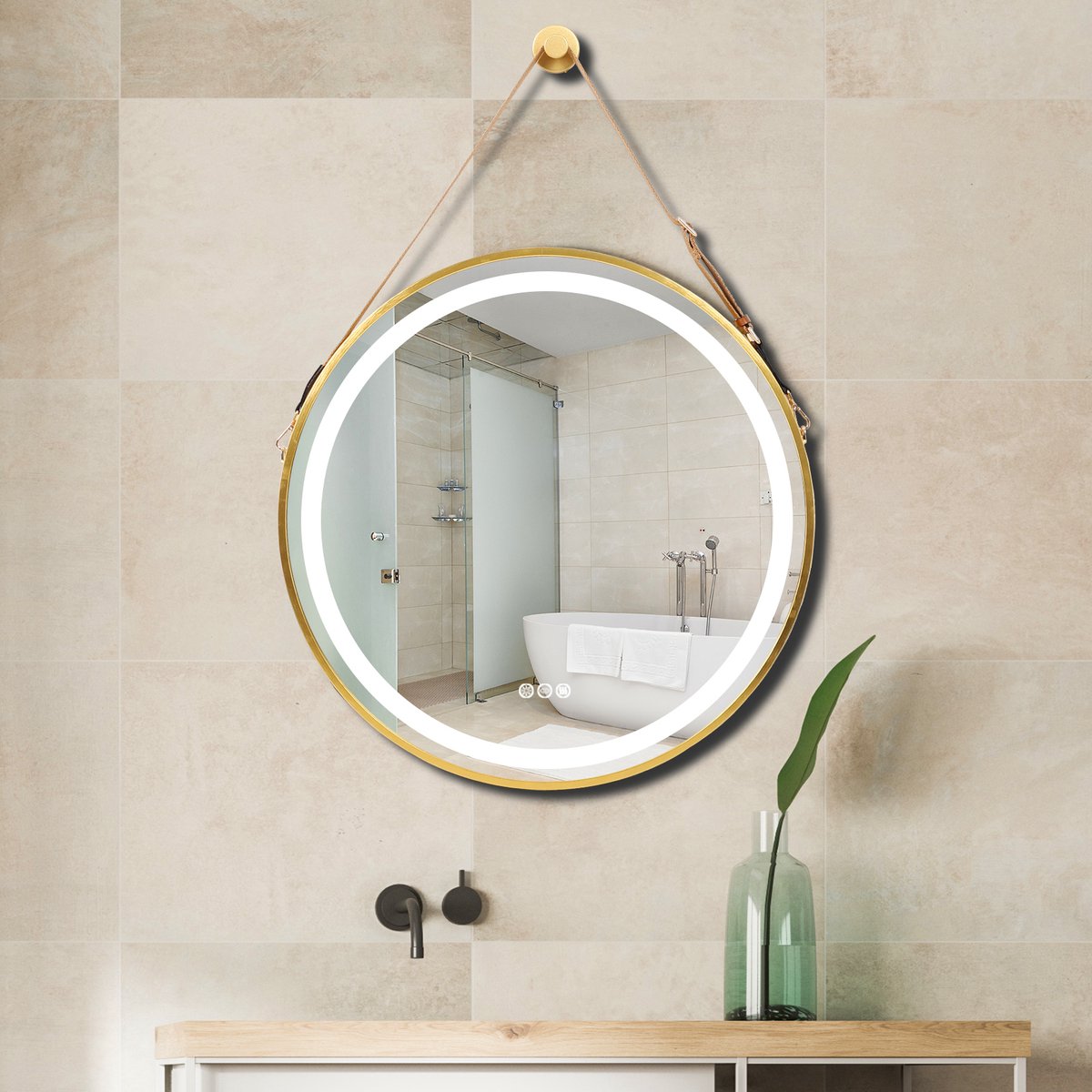 LUVODI LED badkamerspiegel met gouden frame - 800x800mm ronde verlichte - Wandspiegel - anti-condens - 3 dimbare verlichtingskleuren - Touch Sensor - badkamer slaapkamer ingang