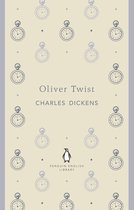 Boek kaft met "Oliver Twist CHARLES DICKENS" en herhalend patroon van zakhorloges op een crèmekleurige achtergrond.
