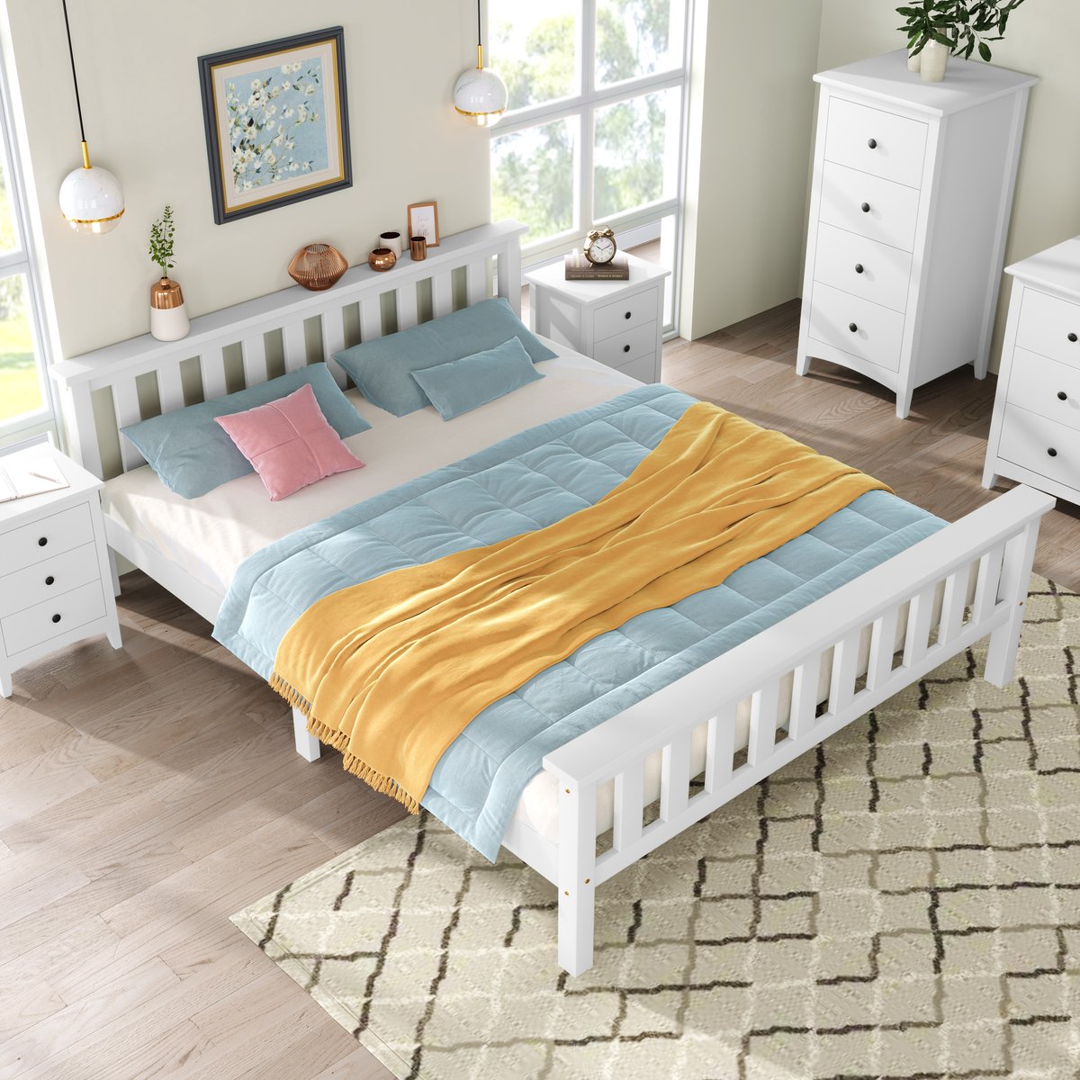 HAUSS SPOLE Tweepersoonsbed 140x200 cm - Massief Grenen Bed Met Lattenbodem - Stevig En Duurzaam - Wit - Zonder Matras