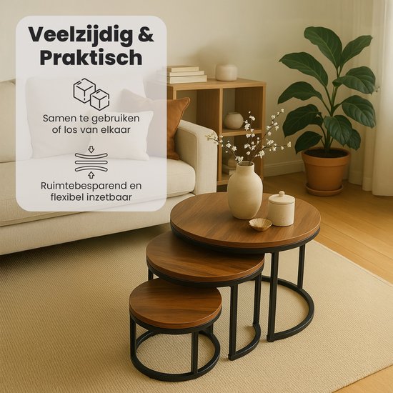 Bayt Salontafel set van 3 - Ronde bijzettafel - Hout & metaal - Bruin | bol