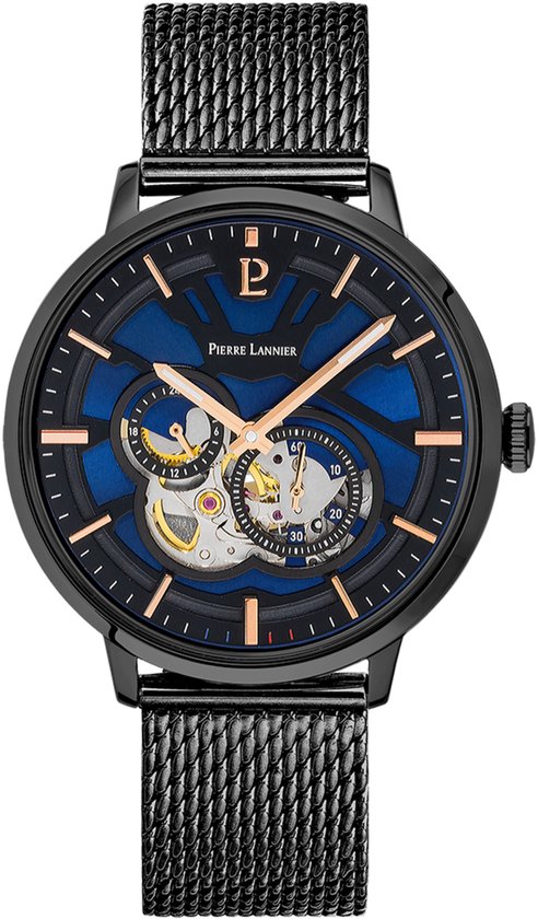 Zwart Pierre Lannier horloge met een blauwe skeleton wijzerplaat, goudkleurige wijzers en mesh band.