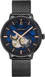 Zwart Pierre Lannier horloge met een blauwe skeleton wijzerplaat, goudkleurige wijzers en mesh band.