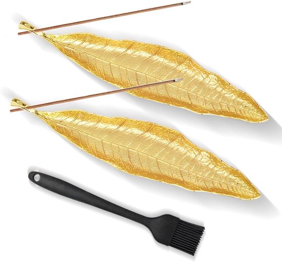 Foto: Allecto plus wierookstokjeshouder set van 2 bladeren design gouden metalen wierookhouder met mini bezem voor wierookstokjes woondecoratie yoga en meditatie kantoor accessoire