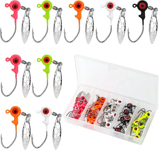 25 têtes plombées de 0,8 g pour la pêche - Valise en plastique - Set d'hameçons en acier carbone - Jigs pour crapets et perches - Amateurs de pêche en eau douce et en eau salée (5 couleurs)