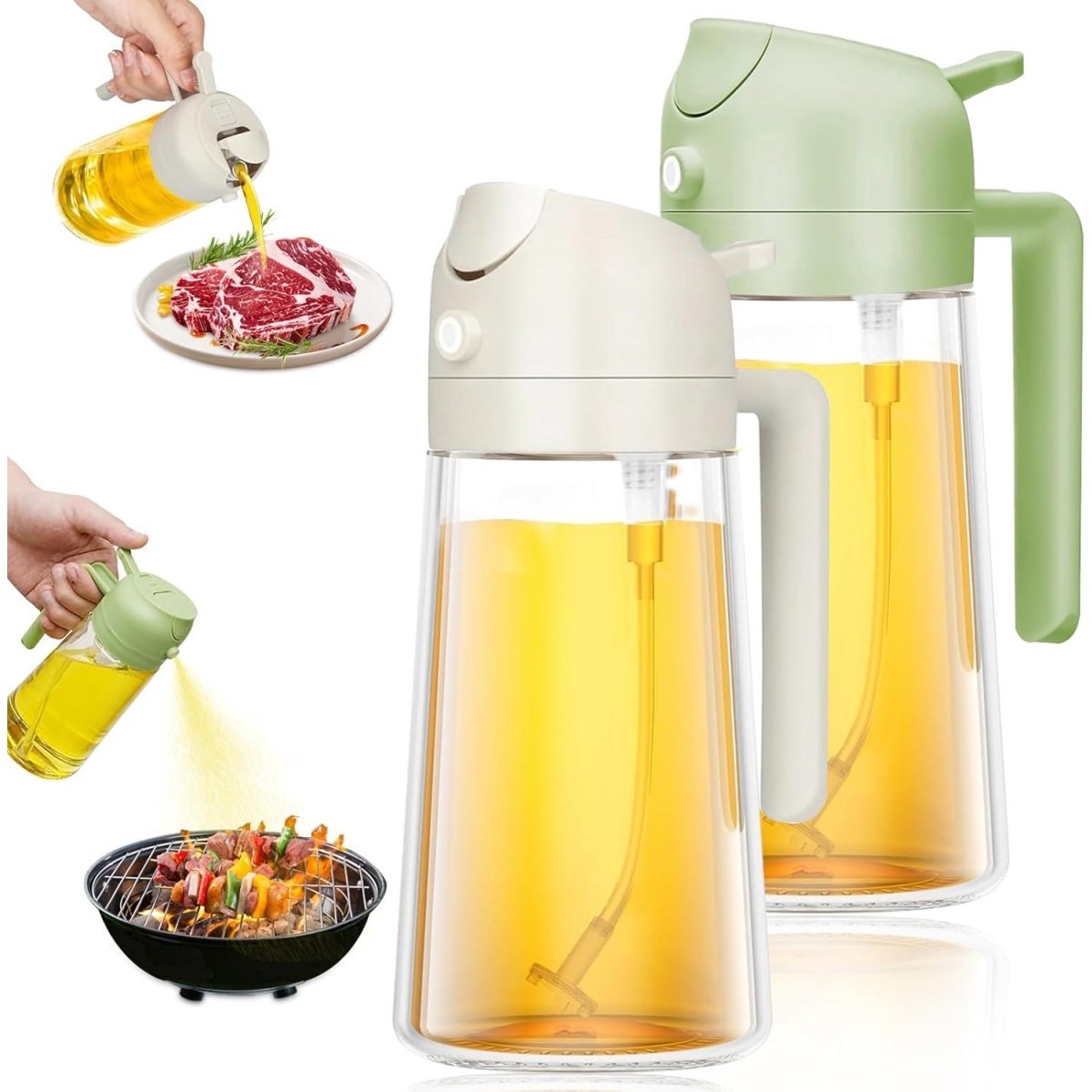 TOVBMUP 2 stuks kookolieverstuiver - 470 ml glazen spuitfles - 2-in-1 - keukenolieverstuiver - geschikt voor airfryers, koken, grillen, salades en bakken