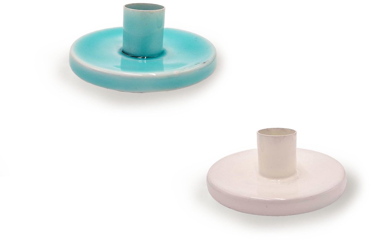 Metalen kaarsenhouder, kandelaar voor kaarsen, tafelkaarsen en kleine waxinelichtjes, kaarsenhouder, voor woonkamer en eetkamer, set van 2 wit & turquoise
