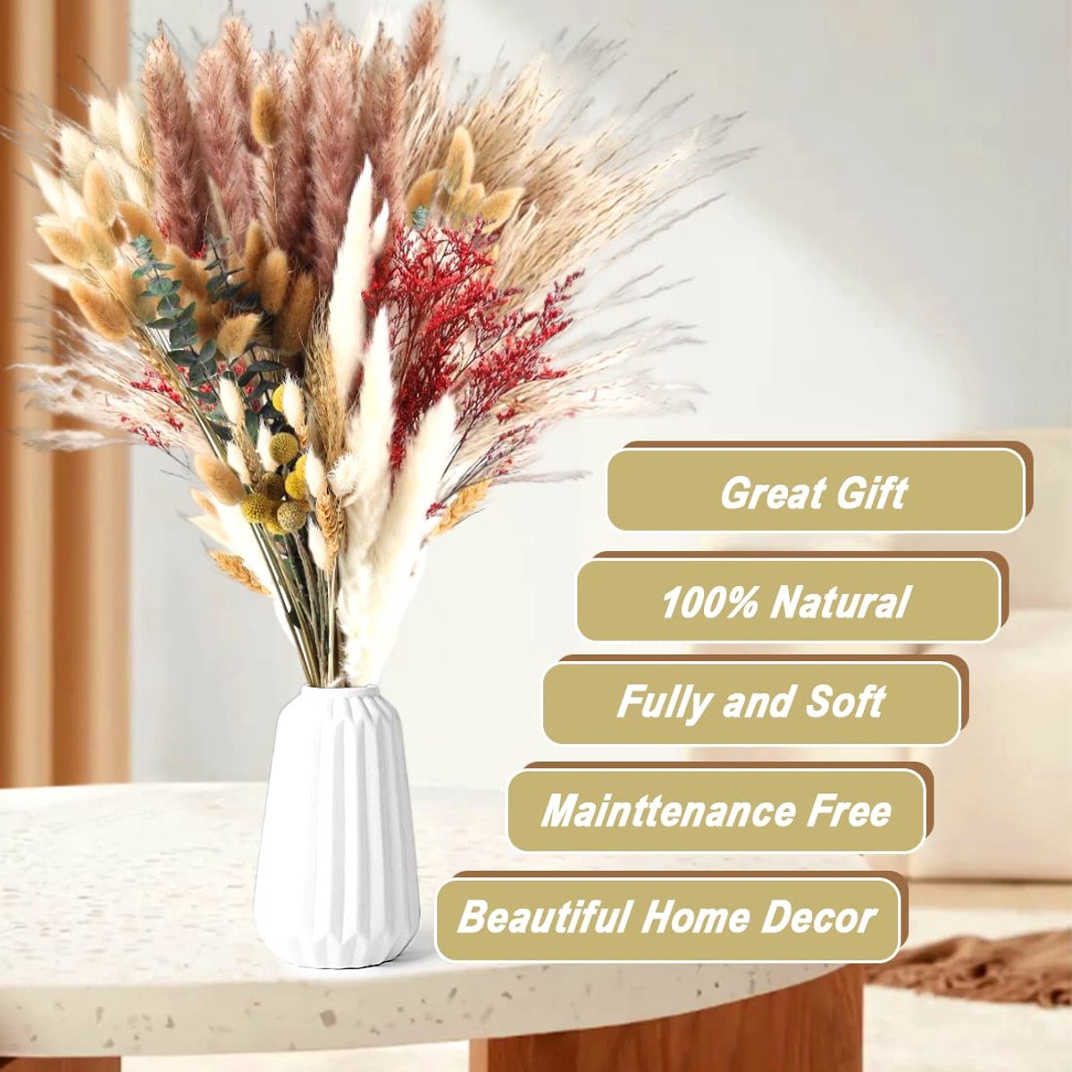 Ibenzoa® Uitgebreide 111-delige Set Natuurlijke Gedroogde Pampasgras voor Stijlvolle Boho Decoraties