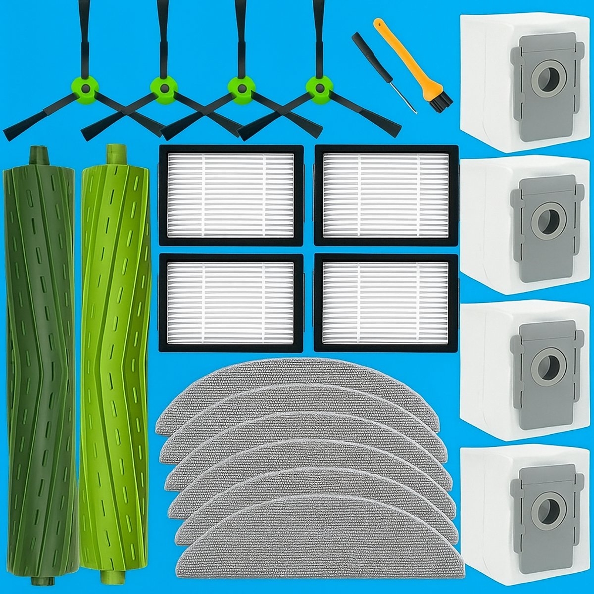 PolkaHome® 22-delige vervangingsset geschikt voor iRobot Roomba Combo i3+ i5 i5+ j5 j5+ – 2 hoofdborstels, 4 zijborstels, 4 HEPA-filters, 4 stofzuigerzakken, 6 dweilpads, 1 schroevendraaier, 1 2-in-1 borstel – accessoires & onderdelen
