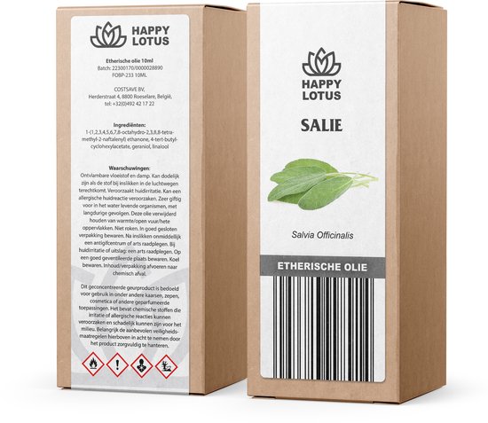 Flesje en doos Happy Lotus Salie Etherische Olie 10ml met ingrediënten en waarschuwingen.