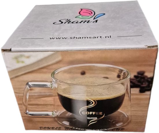 Verpakking van Sham's Art met een afbeelding van een dubbelwandige koffiemok, koffiebonen en een boek.