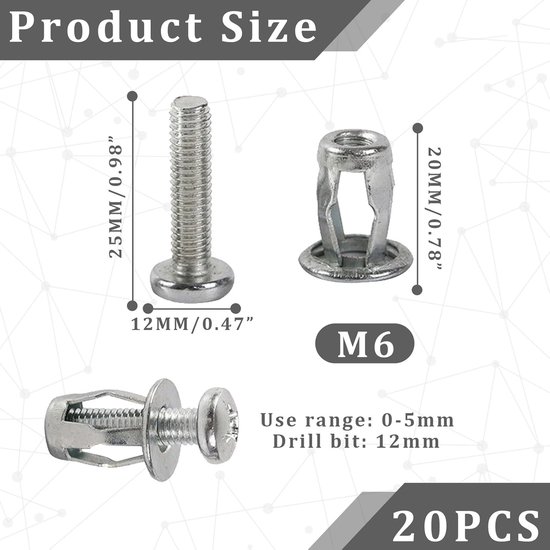 20pcs M6 x 25 Holle Metalen Ankers - Metalen Holle Wandpluggen voor Holle Ruimtes - Jack Nuts Petal Nuts - Expansie Moeren - Dunne Bevestigingen - Holle Wandanker - Assortiment Kit voor Zware Lasten — afbeelding 3
