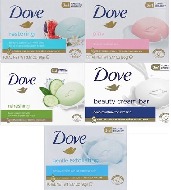 Vijf Dove beauty cream bars: Restoring (vijg/sinaasbloesem), Pink, Refreshing (komkommer/groene thee), Deep Moisture en Gentle Exfoliating.