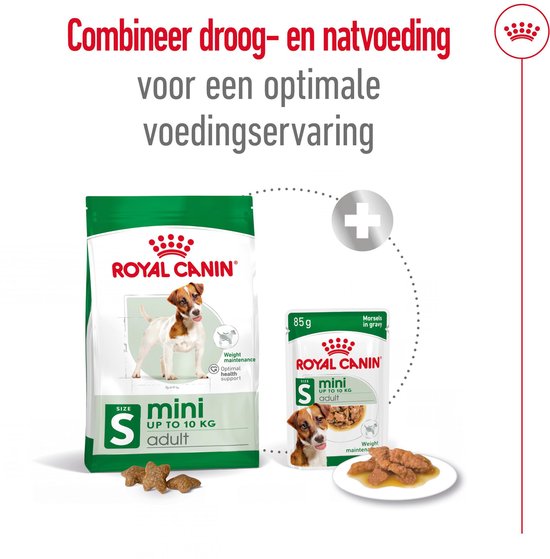 Een zak Royal Canin Mini Adult droogvoer en een zakje natvoer, met een Jack Russell Terriër.