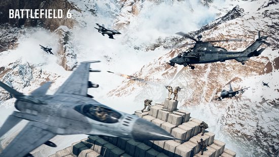 Militairen en gevechtsvliegtuigen in een gevecht op een besneeuwde bergtop, met zakken zand en explosies.