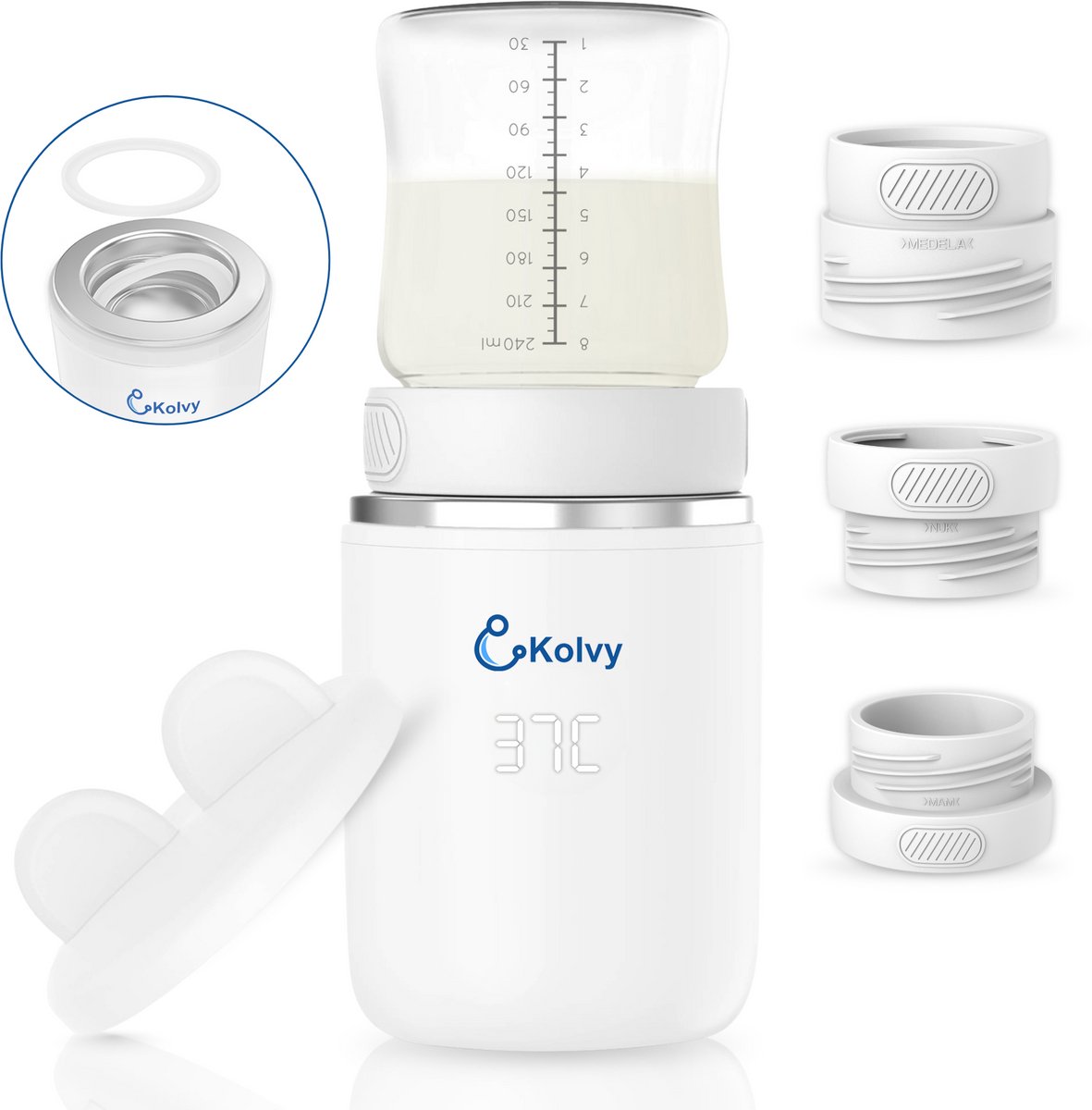 Bol.com Kolvy® Flessenwarmer Onderweg - Intelligente Flesverwarmer - Bottle Warmer - 4 Temperatuurniveaus - Draadloos - Inclusie... aanbieding