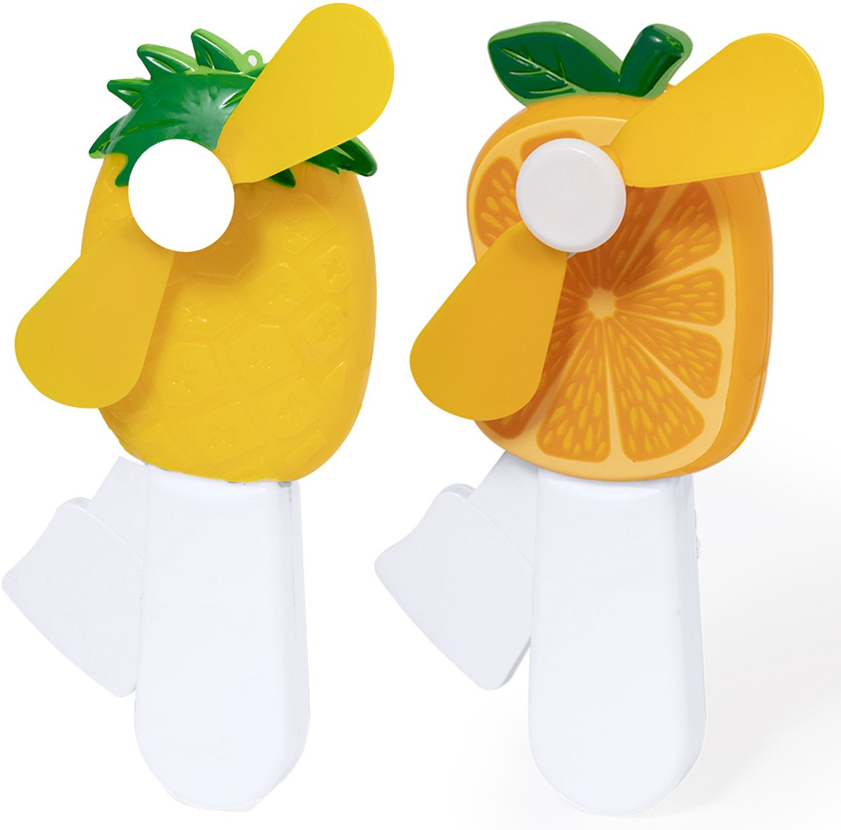 Mini ventilator/handventilator - 2x stuks - ananas/sinaasappel - verkoeling - festival/zomer