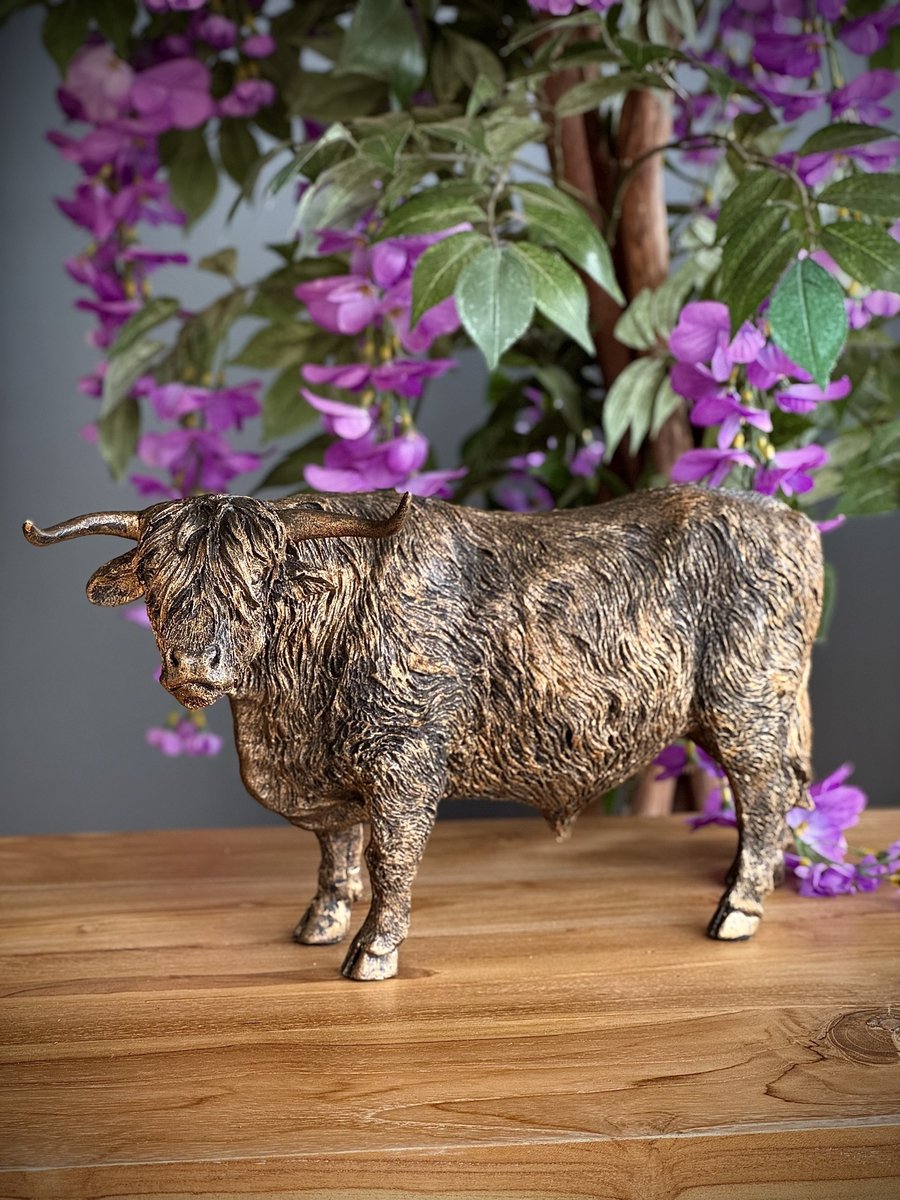 highlander koe 19 cm hoog - Polyresin - Buffel - Goudkleur - Dierenbeeld - Interieur - decoratie - voor binnen - voor hem - voor haar - cadeau - geschenk - Nieuwjaar - Kerst - Verjaardag