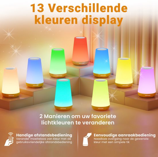 IMENGINE® Nachtlampje - Met Afstandsbediening- Wit Warm licht en 13 RGB kleuren - Touch Control - Wake-up Light - LED verlichting - Leeslamp - Tafellamp - Bedlamp voor Baby, Kinderen & Volwassenen - Dimbaar - 15CM van IMENGINE — afbeelding 3