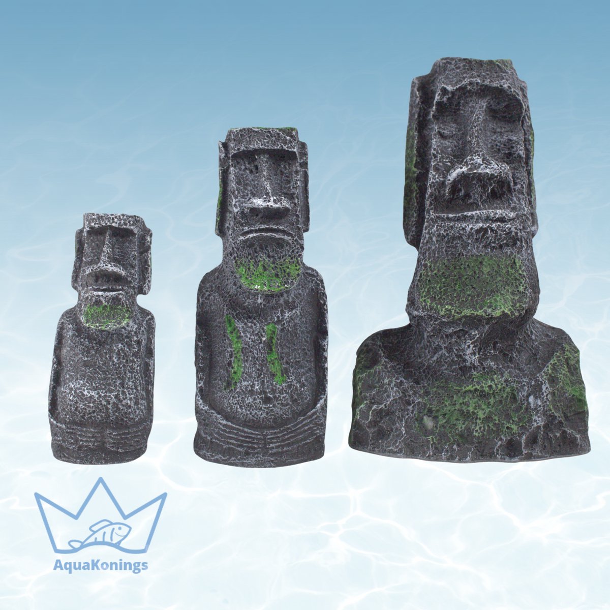 AquaKonings - Aquarium decoratie - Ornamenten - Moai - Set 3 stuks - 12x8x11