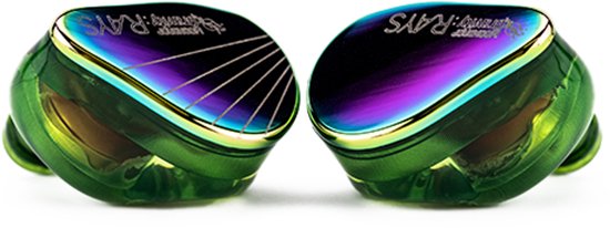 Écouteurs verts avec des accents violets irisés et le logo 'RAYS'.