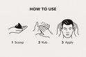 Illustratie met drie stappen: 1. scoop, 2. rub, 3. apply voor het stylen van haar.