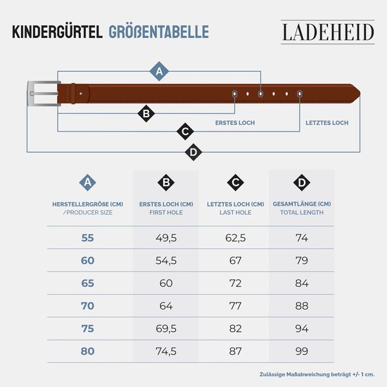 Ladeheid Kinderriem – Riem - Jongens - Broekriem - Verstelbaar - Leer – Zwart-1 /Logo-2 – 60 cm LA-EL-KIDS