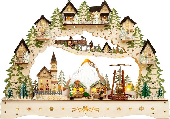 Thuys – Verlichte LED XL Houten Lichtboog – Betoverend Berg – Kerstdorp Met Draaiende Piramide En Transformator