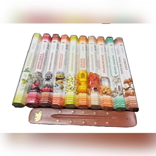 Encens BUYXL Green Tree - 10 paquets x 20 bâtonnets = 200 parfums d'encens différents - paquet d'encens - Créez une atmosphère enchanteresse avec notre paquet Encens indien et notre porte-encens gratuit !