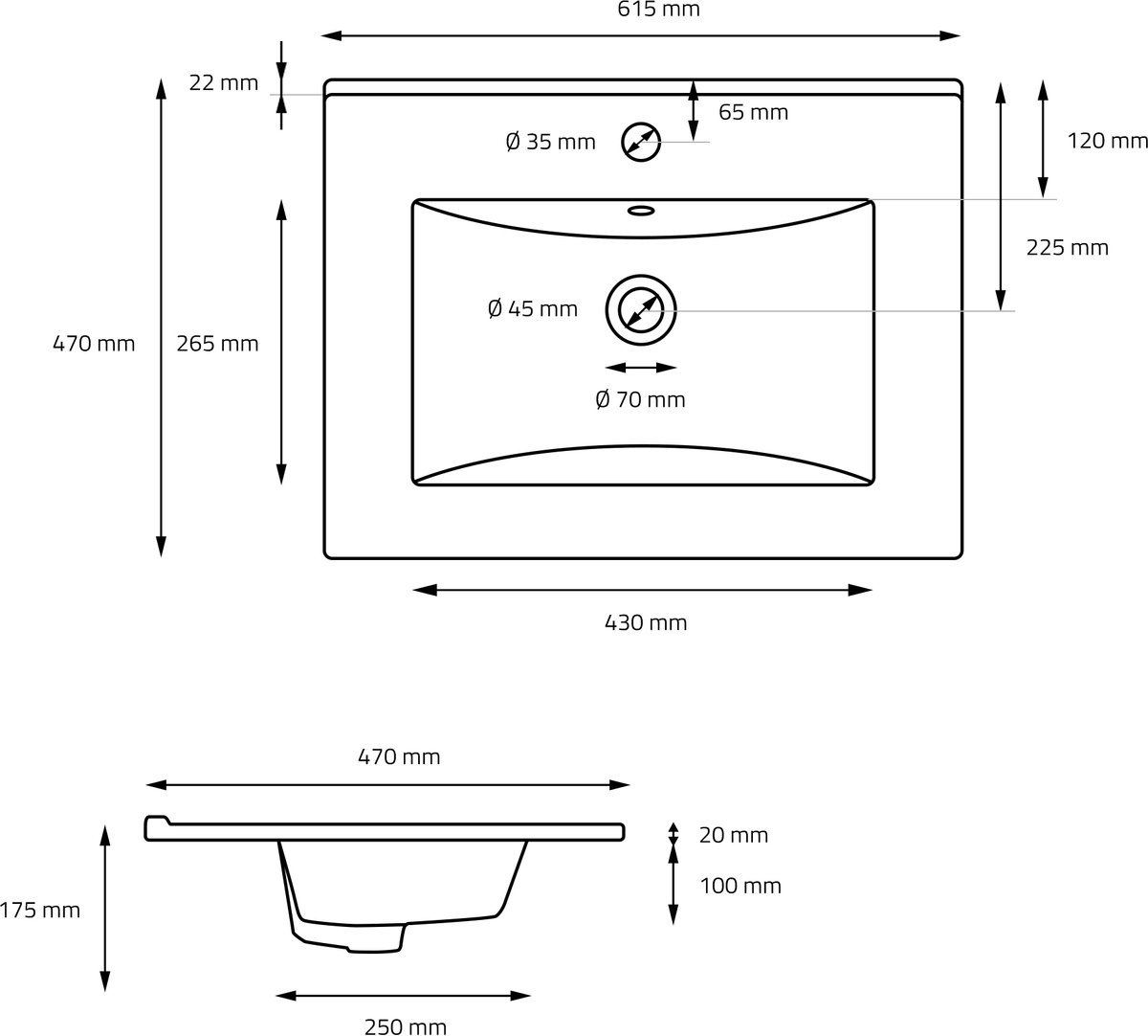 Wastafel incl. afvoergarnituur zwart met overloop 61,5x47x17,5 cm zwart mat keramiek LuxeBath