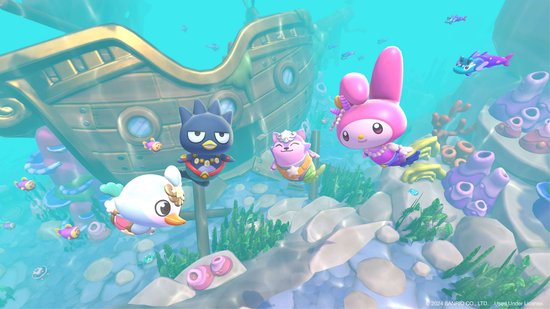 Vrolijke Sanrio-personages die onder water zwemmen bij een scheepswrak. Badtz-Maru, My Melody en Pompompurin.